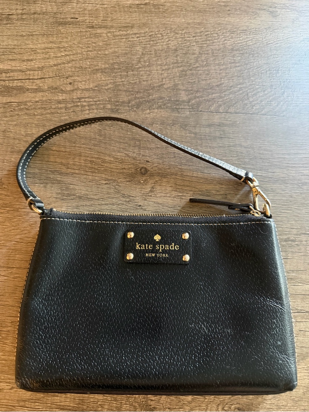 kate spade Black Pebbled Leather Wristlet with Gold Hardware